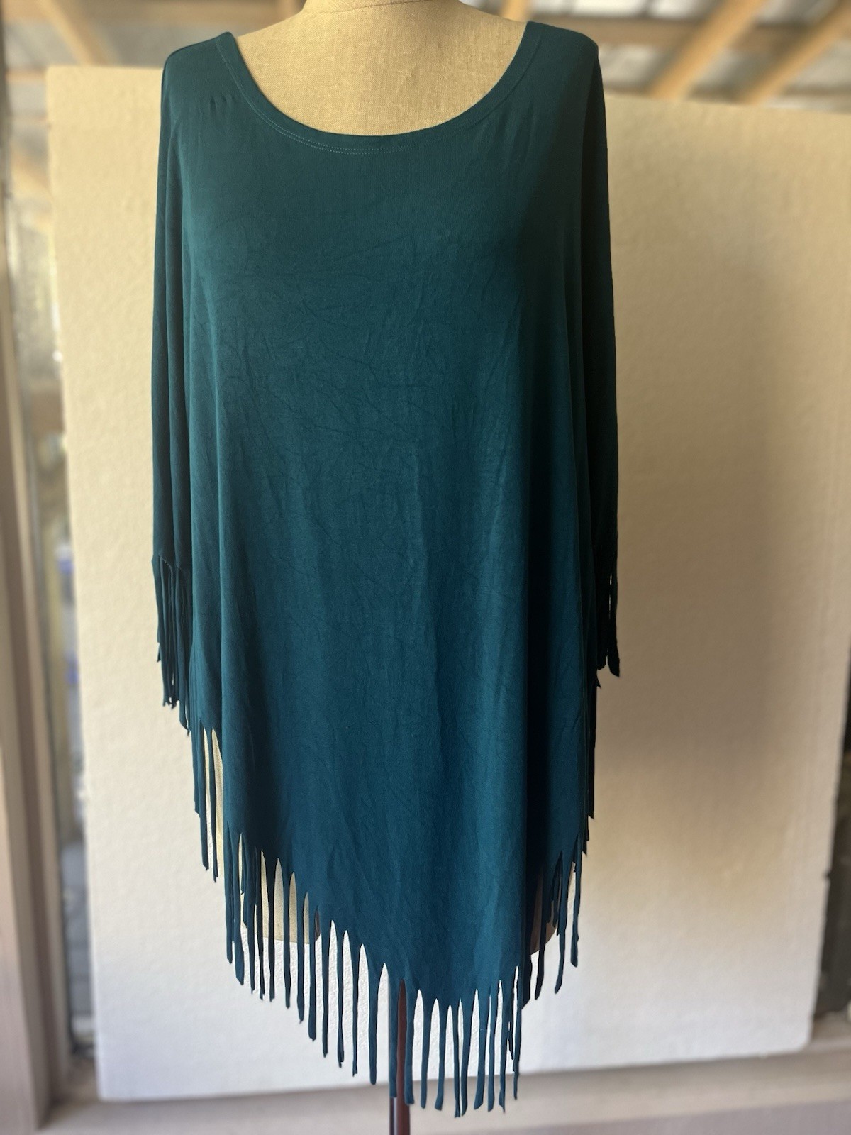 Hossiro Unlimited Teal Poncho One Size Pullover Poncho Fringed Sweater W Arm Hol