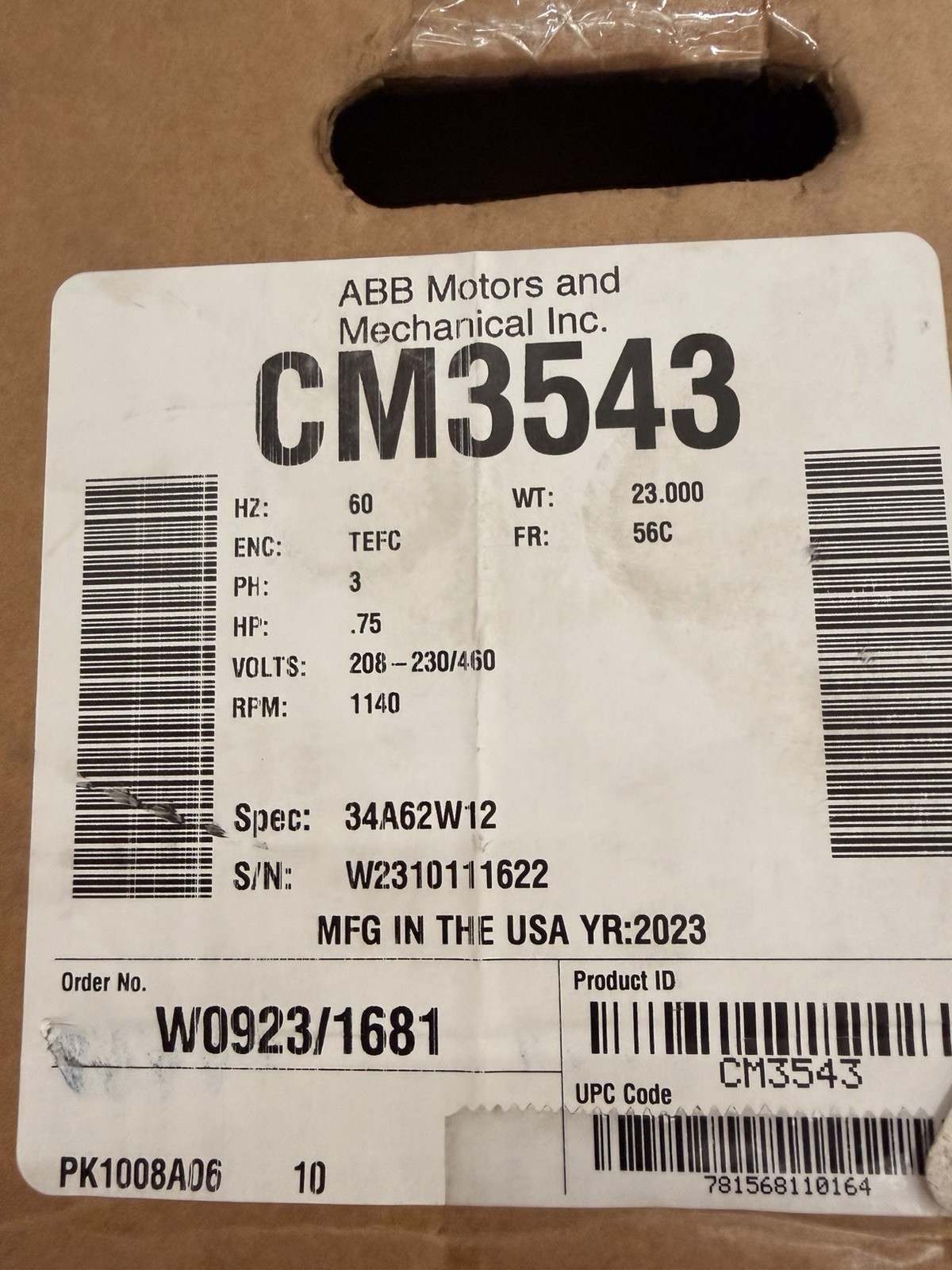 Baldor CM3543 Electric Motor 3/4HP 1140RPM 230/460V 3PH 56C TEFC
