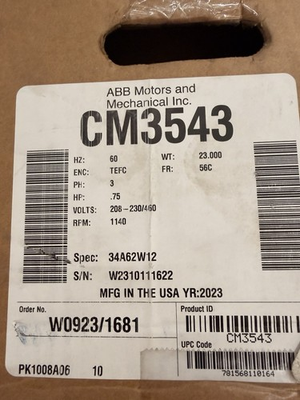 #ad #ad Baldor CM3543 .75HP 1140RPM 3PH 60HZ 56C 3428M TEFC F1 $625.00