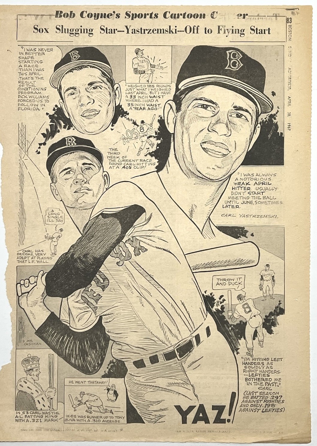 VTG 1967 Yaz Boston Red Sox Carl Yastrzemski Bob Coyne Art Newspaper Page OFF3
