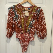 FARM RIO Floral Puff Sleeve Bodysuit, bohemian, Romantic, Feminine, XXS