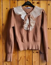 Zara Ruffle Knit Tie Neck Jumper Size M Colour Brown/Cream