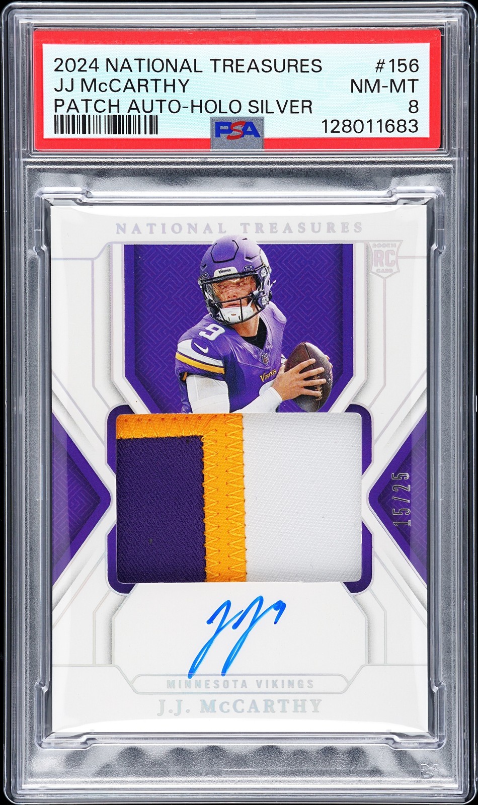 2024 NATIONAL TREASURES PATCH AUTO-HOLO SILVER #156 JJ MCCARTHY 15/25 PSA 8