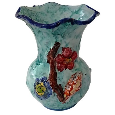 Bitossi Vase Aldo Londi Majolica Glaze Italy Floral Aqua Blue Vtg  Mid Century 