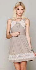 Free People Sleeveless Swing Dress Sz 6 Tan Lace Accents Boho Coquette Romantic