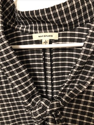 Max Studio 3/4 Dolman Sleeve Blouse Size L Tie Neck Black/white Check Classic