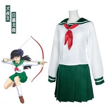 Kagome Higurashi Girls High School Uniform Green White Dress Set Cosplay Costume