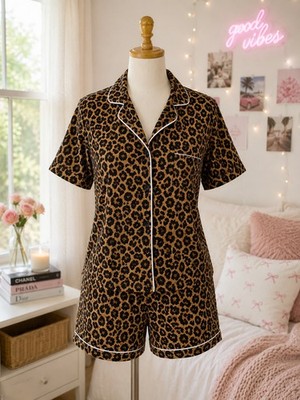 Class Sleepwear Girls XL 14 Leopard Print Pajama Set Button Front Shorts Brown