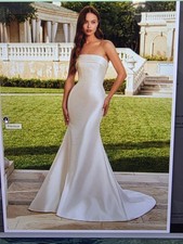 Ivory Satin Strapless Wedding Dress Train Fit Flare Size 10