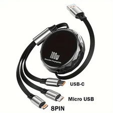 3-in-1 Retractable Charging Cable USB-A to USB-C/8Pin/MicroUSB 100W Fast Charger