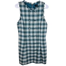 Sleeveless Tweed Dress Size M Frayed Edges Double-Breasted Button Front Green