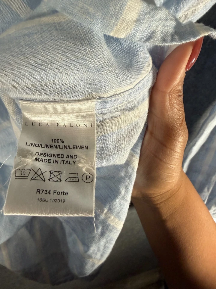 Camisa Luca Faloni Para Hombres 45 18 Azul Rayas Lino Portofino Hecha en Italia Popover Foto 4 de 4