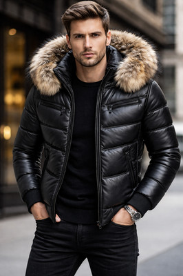 Herren Echt Schafsleder Steppjacke | Echtes Fuchspelz Kapuze | Luxury Premium W