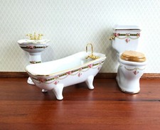 Reutter Porcelain Dollhouse Bathroom Set Victorian Rose 1:12 Scale Tub Sink