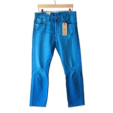 Levis 501 Blue Dyed Distressed Denim Button Fly Straight Leg Jeans 33 x 32
