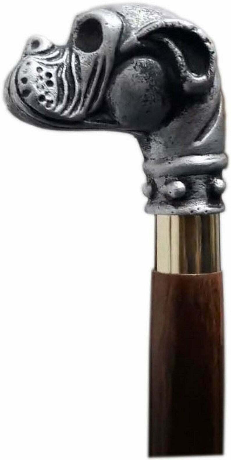 antique bulldog brass hand head handle brown wooden w… Gem