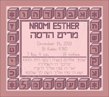 BURDHOUSE STITCHERY JUDAIC BABY BLOCK BIRTH SAMPLER - GIRL CROSS STITCH PATTERN
