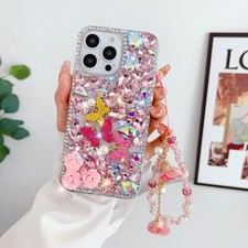 For iPhone 16 Pro Max 15 14 13 12 11 8 7 X Handmade Bling Case with Wrist Strap