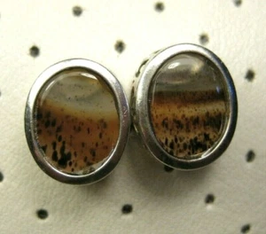 Vintage Western Sterling Silver Oval Light Brown Multi Agate Stud Earrings 925