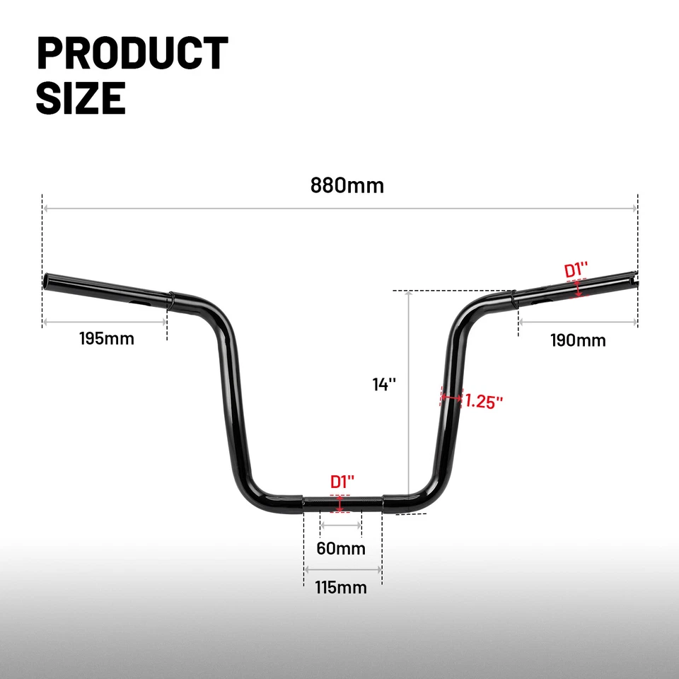 Rise 14" Handlebar Rise 1 1/4'' Ape Hangers For Harley Road King Sportster Dyna - Image 2 of 4