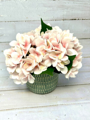 8'' Small Artificial PINK HYDRANGEA faux Silk flowers potted in Teal/Cream Cerami