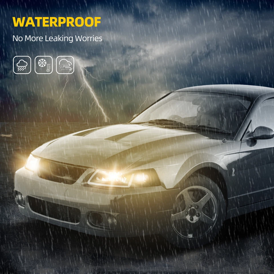 For 99-04 Ford Mustang GT SVT Cobra LED DRL Black Headlights Headamps Pair Set - Image 4 of 4