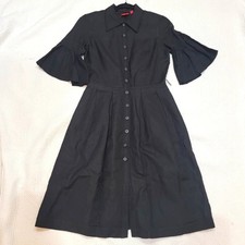 Oscar De La Renta Size 4 Linen Blend Black Dress Button-Front Flare 3/4 Sleeves