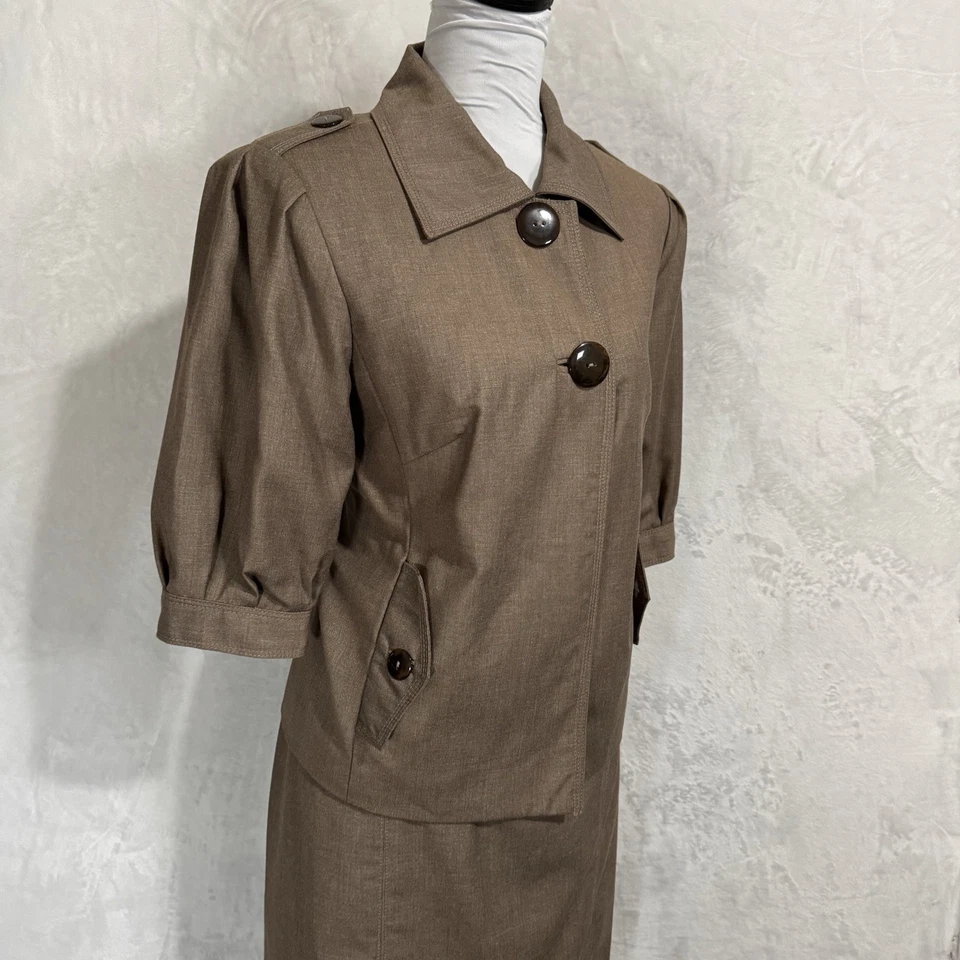 Conjunto de traje falda vintage Harve Benard talla 12 marrón charreteras safari plisadas 2 piezas Foto 2 de 4