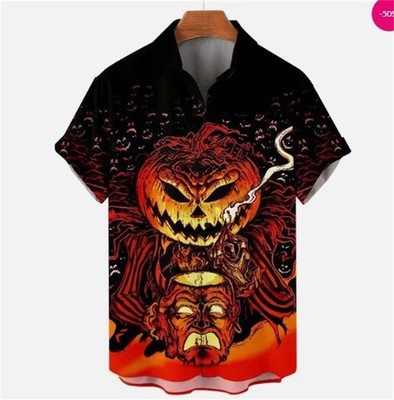 Herren Button Down Böser Kürbiskopf Hawaii Oberteil Neuheit Urlaub Geschenk Hemd