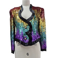VTG 1980s Rainbow Sequin Glam Jacket Big Shoulders Disco Cocktail India M