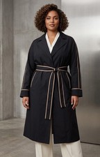 MARINA RINALDI "TARGA" DEEP NAVY CINTURA TRENCH IMPERMEABILE PIPING US-20 NUOVO CON ETICHETTE $855