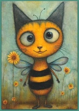 ACEO 2.5x3.5 watercolor painting - cat kitten bee fantasy surreal