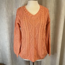 Vtg Aran Crafts L Sweater Women  s Cable Knit Fishermens Ireland V-Neck Orange