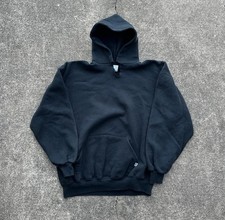 Vintage 90s Russell Athletic Hoodie Sweatshirt Made in USA Faded Black Blank XL