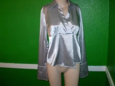 AB STUDIO LIQUID SATIN SILKY SHIRT TOP DRESS SUIT BLOUSE SILVER ZIPPER SIDE