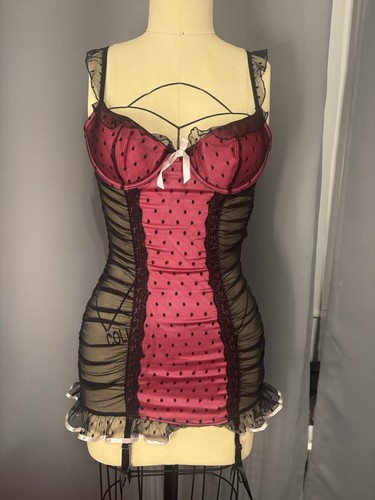 2000s Victoria's Secret Pink & Black Polka Dot Mesh Lace Bustier 36B Underwire