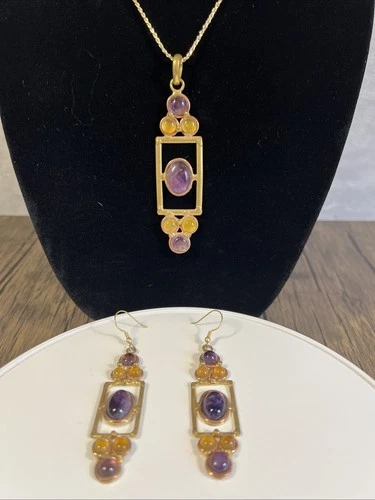 OOAK Vintage Art Deco 925 Sterling Silver Amethyst & Citrine  Jewelry Set