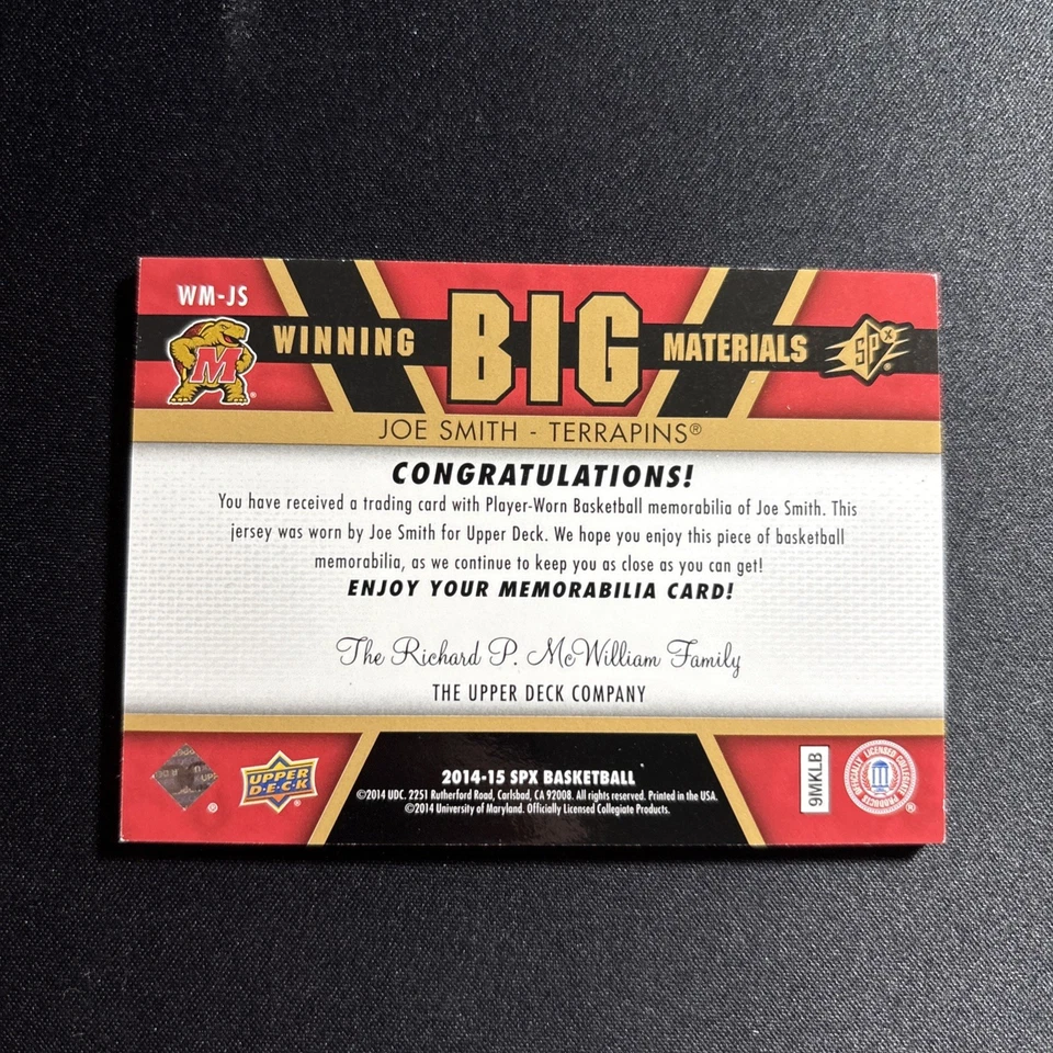 2014-15 SPx Winning Big Materials Joe Smith #WM-JS PARCHE DORADO/25 MARYLAND Foto 3 de 3