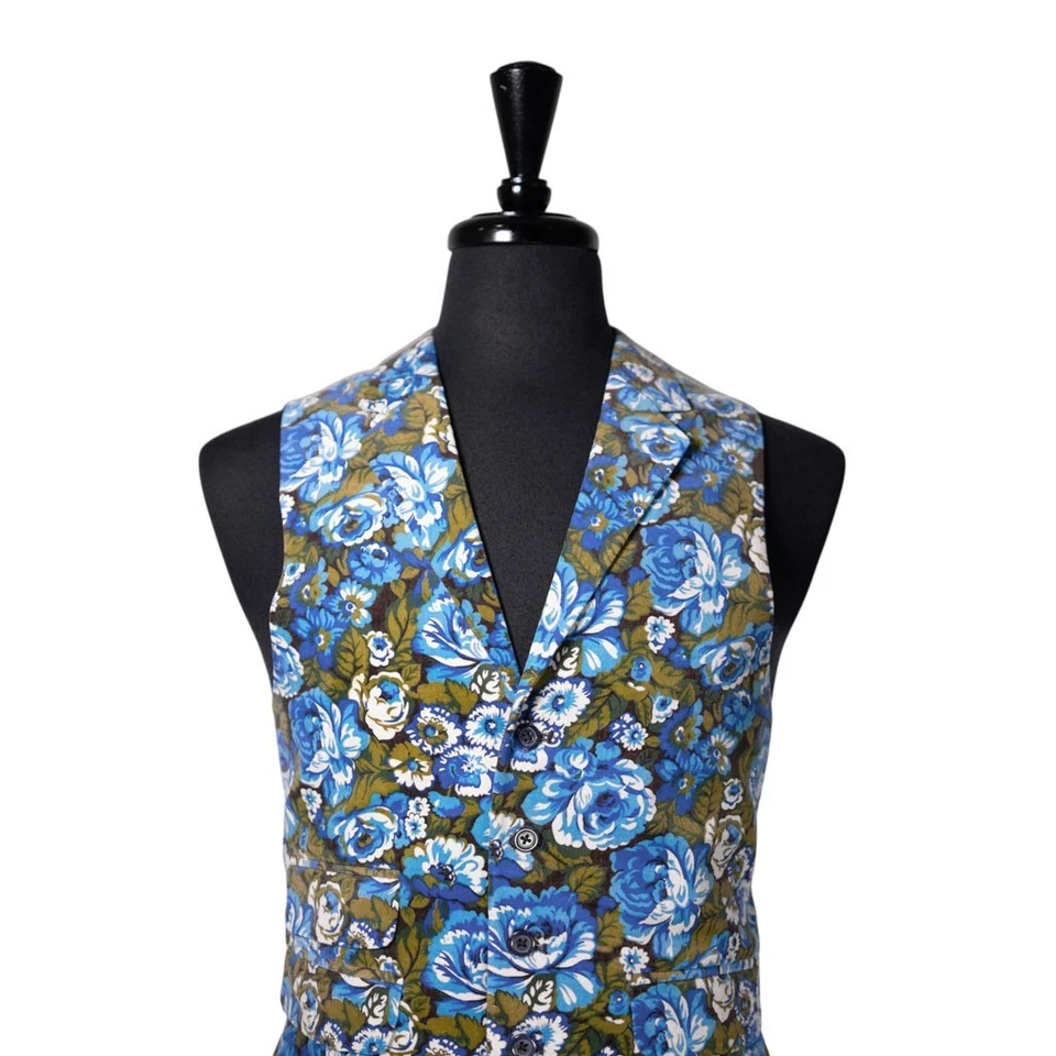 Chaleco Chaleco de Terciopelo Floral Azul Verde 40R Para Hombres Boho Preppy Informal Foto 4 de 4
