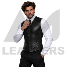 Mens Genuine Leather Corset Vest Slim Fit Waistcoat Rear Lace Up Body Shaper
