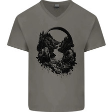 Headphones & Nature Music Trekking Hiking Mens V-Neck Cotton T-Shirt
