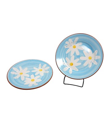 Vtg 2 Pc Blue Plates Daisy Val Do Sol Pottery Portugal Terracotta Daisies 8''