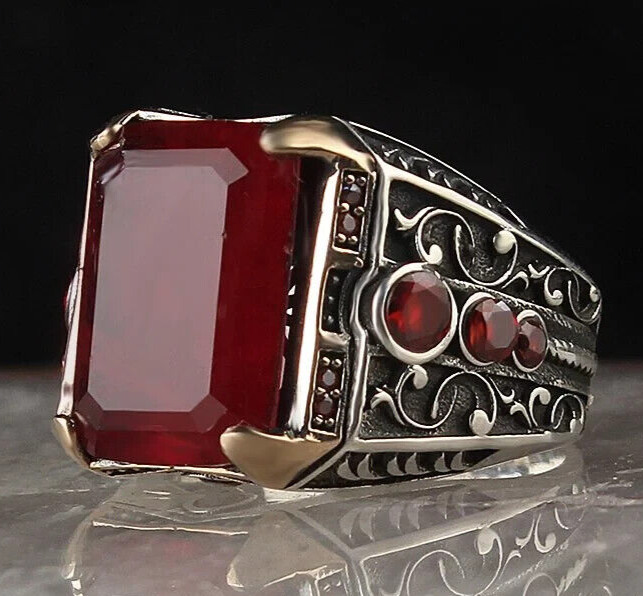 Men's Sterling Silver Crescent Moon Star Ring - With Genuine Red Zircon Stone, Size 9, Made In Turkey