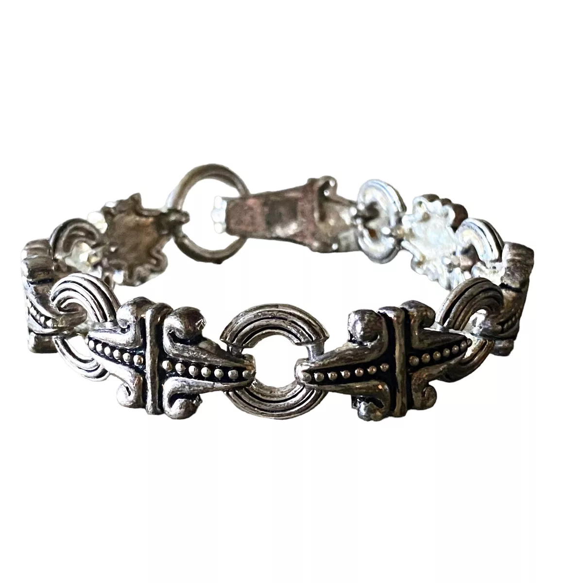 Raised Scrollwork Chunky Link Bracelet Tarnished Silver Tone w