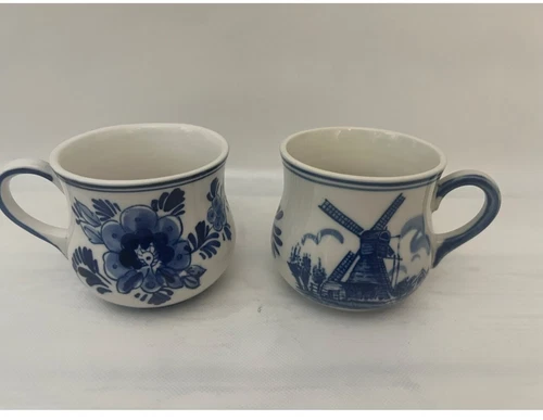 Delft Blue Hand Decorated Porcelain Small Mugs set of 2 Holland 3" H Vintage