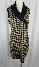Calvin Klein Large Houndstooth Check Knit Sweater Dress Women L Shawl Collar Tan