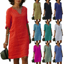 Womens Short Sleeve Cotton Linen Midi Dress Ladies Solid V Neck Baggy Sundress