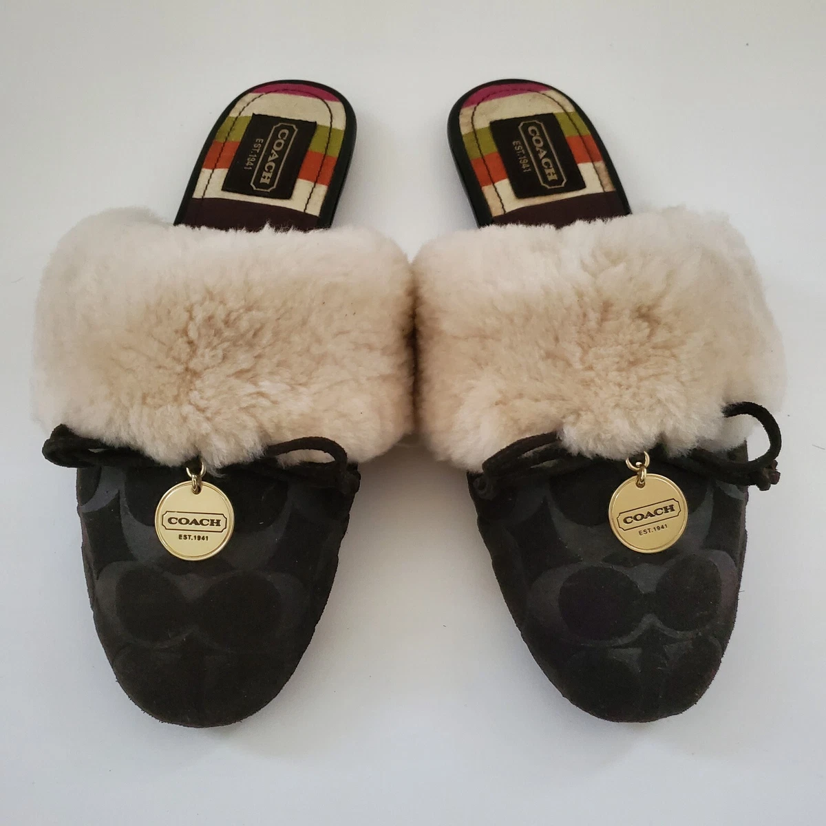 COACH CARRA Signature C Monogram Embossed Fur Trim slide slippers Size:7.5