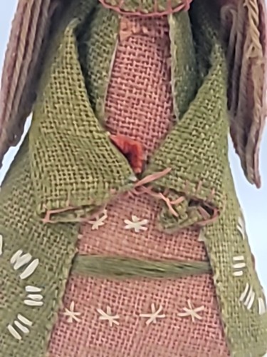 Vintage Burlap Jute Christmas Angel Taiwan Gold Red Green Embroidery Red Hair - Picture 8 of 22