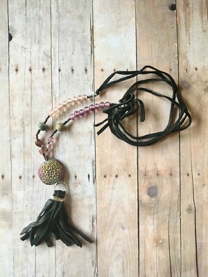 Long Leather Tassel Fringe Necklace Hematite Ceramic Iridescent